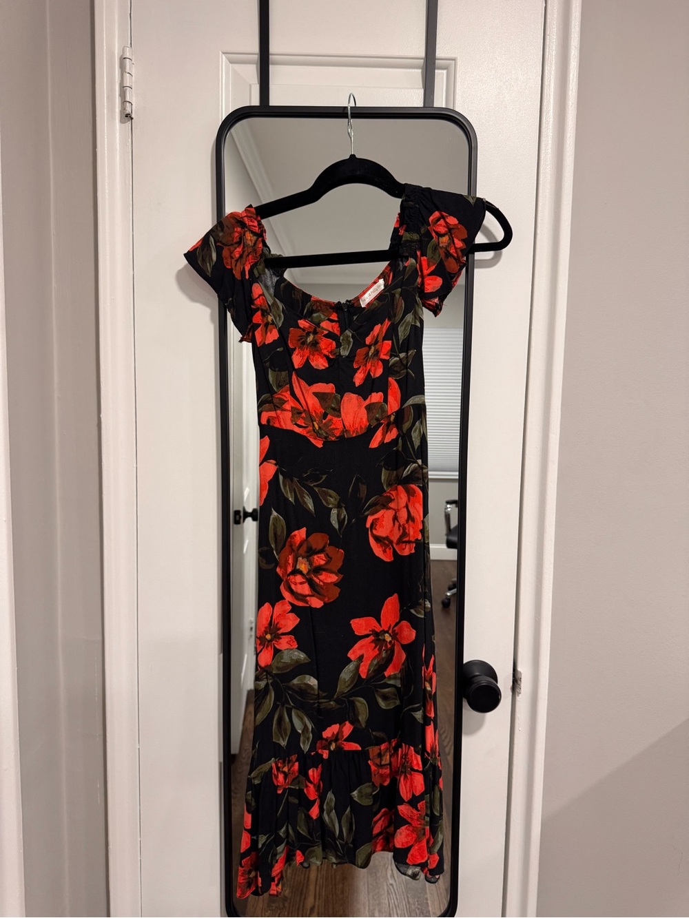 Black Midi Dress with Red Floral Print